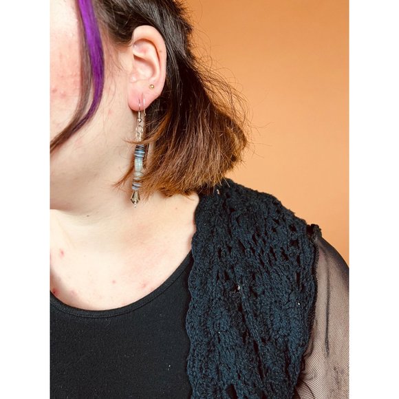 Boutique Handmade Black Striped Beaded Meteor Stacked Drop Earrings - Picture 2 of 4